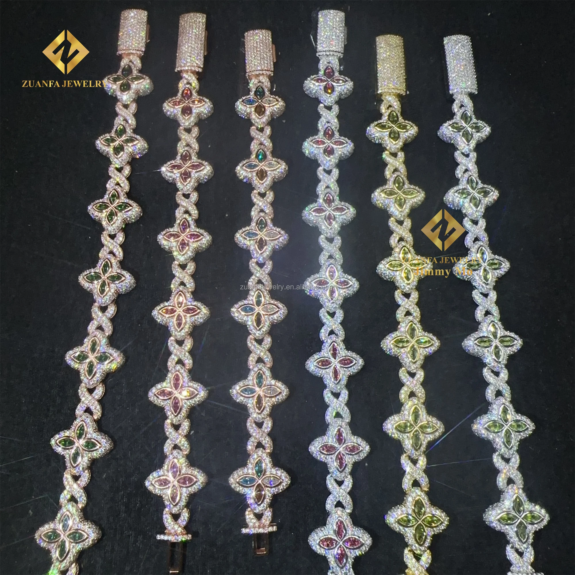 Fashion Jewelry New Arrivals Iced Out Hip Hop Jewelry S925 Silver Moissanite Diamond Four Cleef Clover Cuban Bracelet Men