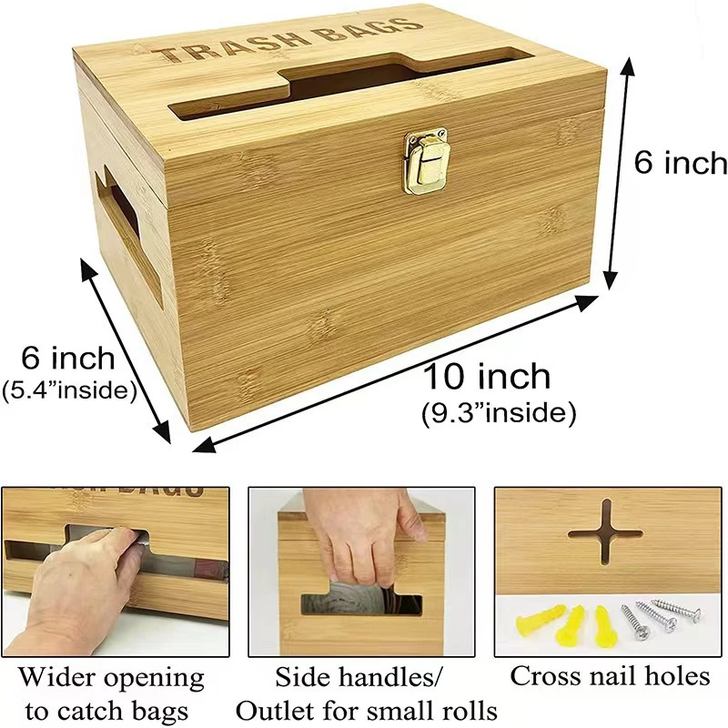 Large Trash Bag Dispenser Bamboo Garbage Bag Holder Kitchen Laundry Trash Can Organizer Wall Mounted or on Countertop