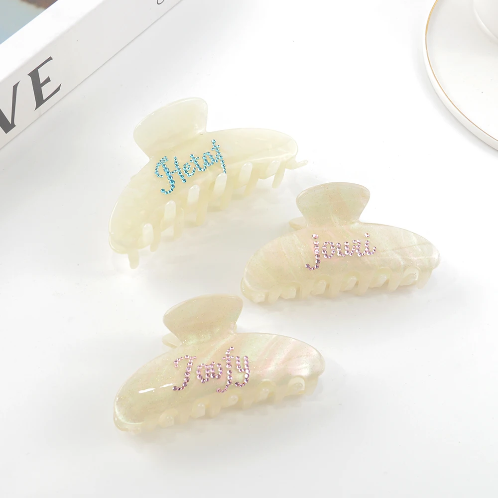 HC400D High quality customize logo  rhinestone name hair clip claw wholesale personalized cellulose acetate hair claw for women