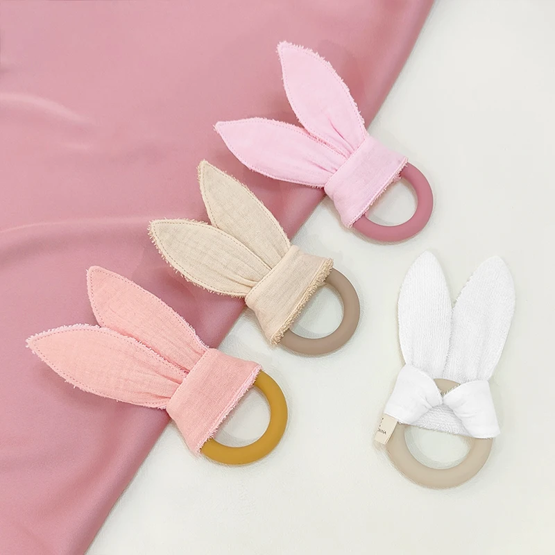 Baby accessories Organic Cotton Muslin Teething Ring Baby Silicone Ring With Cloth Teether