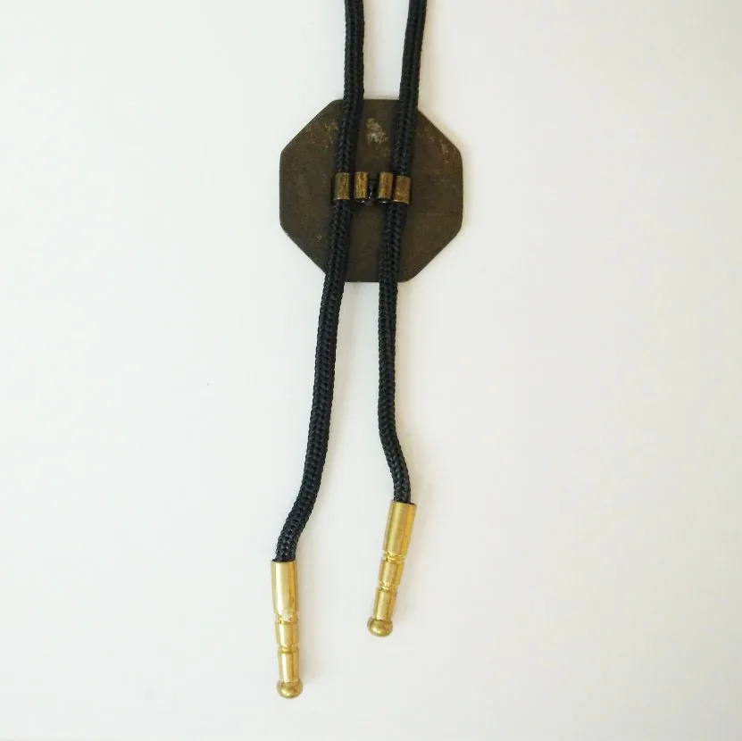 decorative fashion custom made metallic metal Octagonal shaped logo antique gold plated western cowboy bolo tie necklace