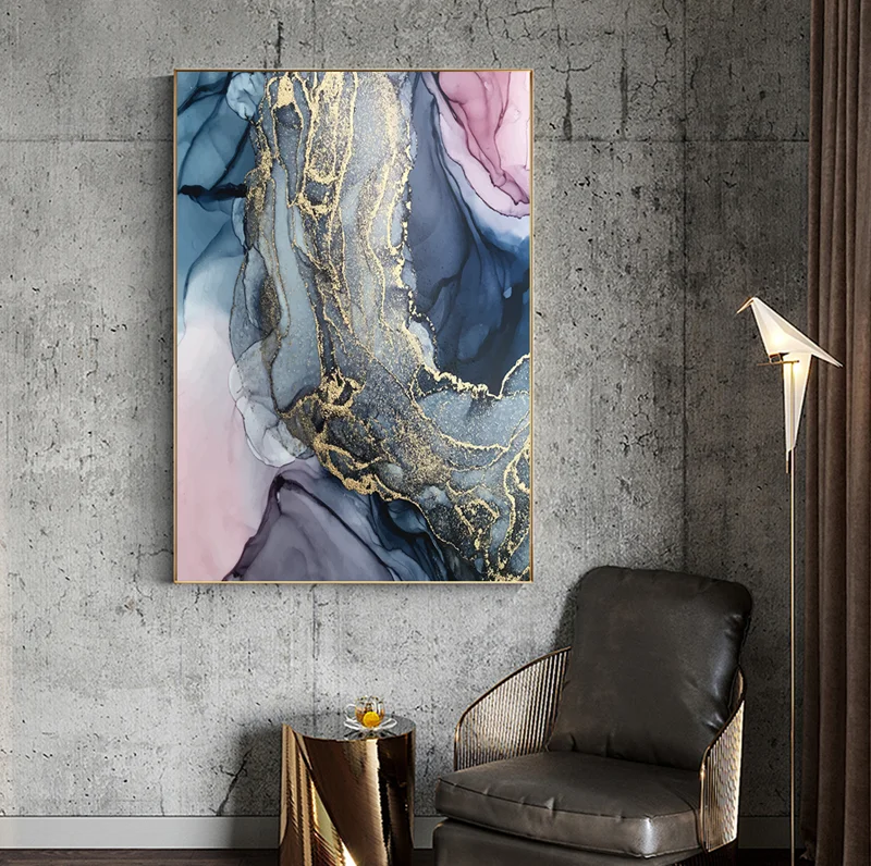 Nordic Morden Abstract Pink-gray line Wall Art Canvas Painting Golden Blue smoke Art Poster Print Wall Picture for Living Room