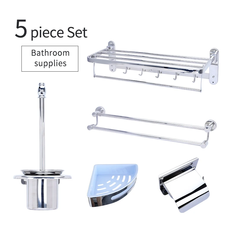 5 Pcs Low Price Hotel Bathroom Sets Toilet  Accessories Stainless Steel Shower Caddy Towel Rack Paper Holder For Washroom