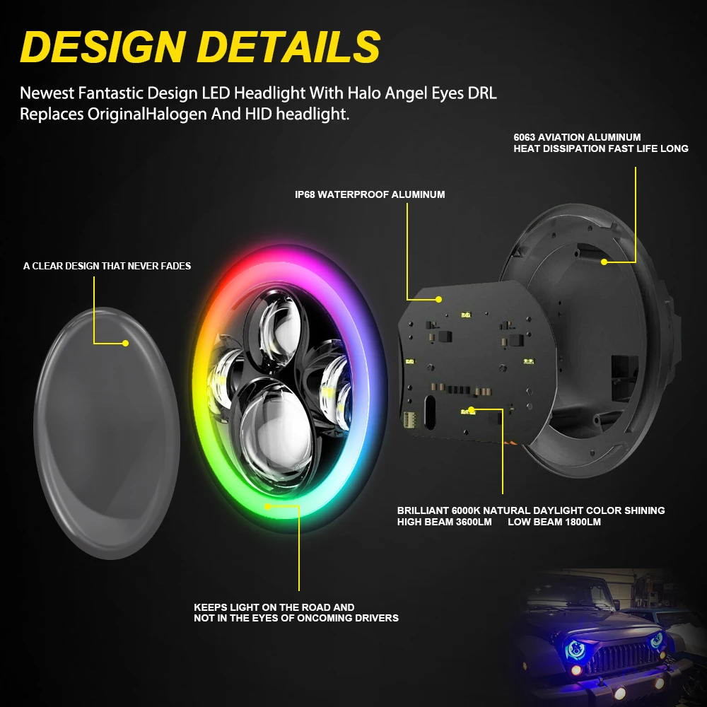 
App Control Chasing Color 4 Inch 4x4 Off Road Angel Eye Fog Light, Halo Ring Chasing 7 Inch Round RGB Led Headlight for JK JL TJ 