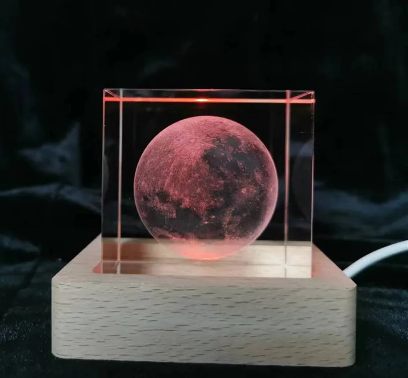 Ramadan moon 3d carved crystal square nightlight solid wood base company commercial led light luminous crystal led light