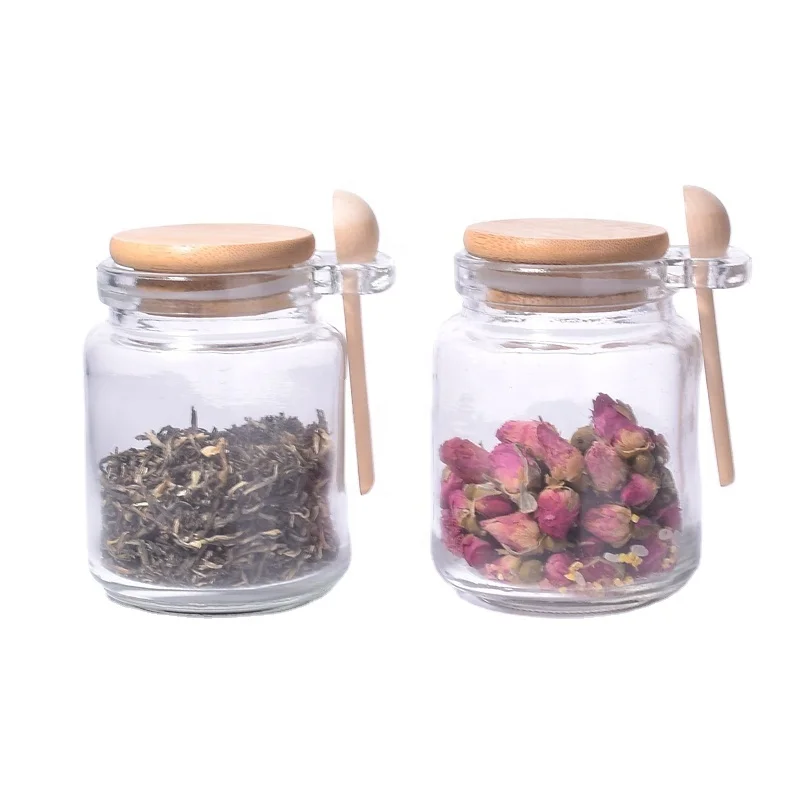 Банки для соли и меда 8 унций с деревянной бамбуковой крышкой ложкой