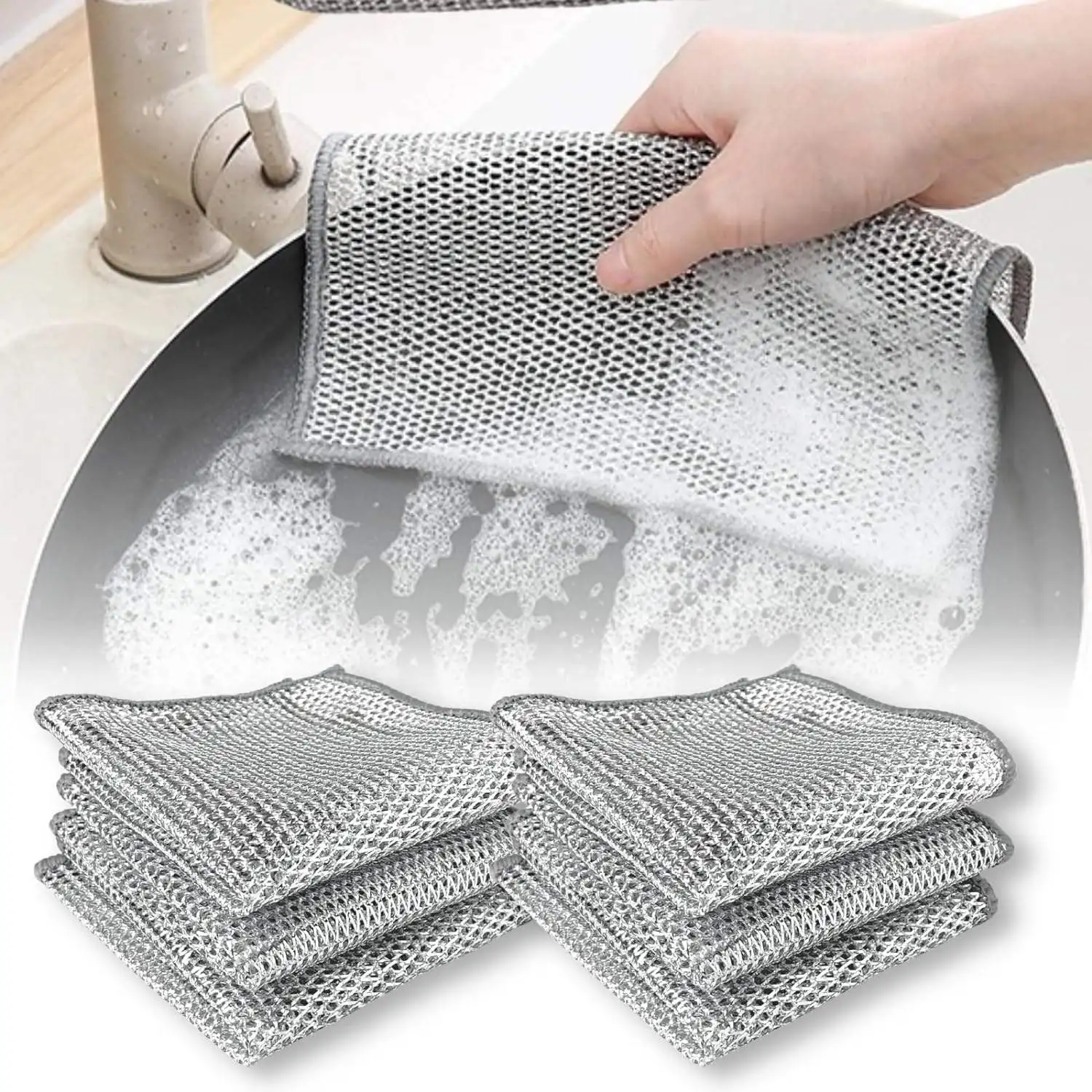 Single Layer Kitchen Scrubbing Dish Cloth Silver Wire Multipurpose Dish Towel Reusable Household Cleaning  Dishwashing Rag