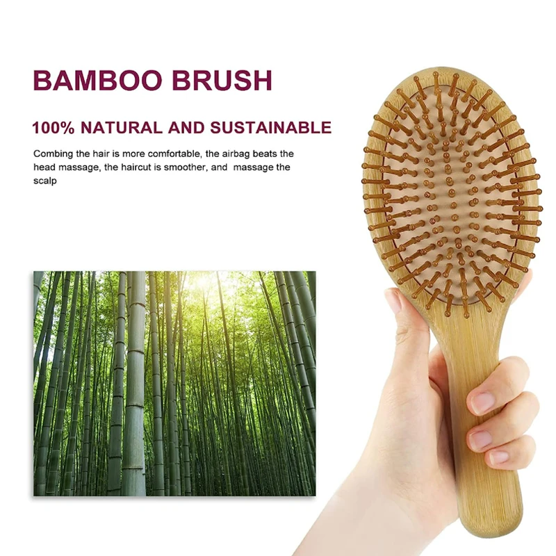 Natural Bamboo Wooden Hairbrush Custom Logo Oval Hair Brush Set with Box Paddle Detangling Hair Brushes for Women