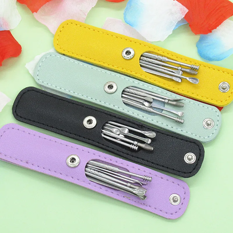 Stainless Steel 6pcs Earpick Wax Remover Set Curette Ear Pick Cleaner Ear Cleaner Spoon Care Ear Clean Tool With PU Bag