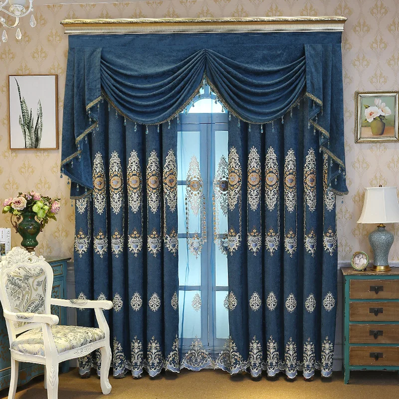 Hot Selling European Style Luxury Curtains for Living Dining Room Bedroom Blue Chenille Embroidered Curtains Valances
