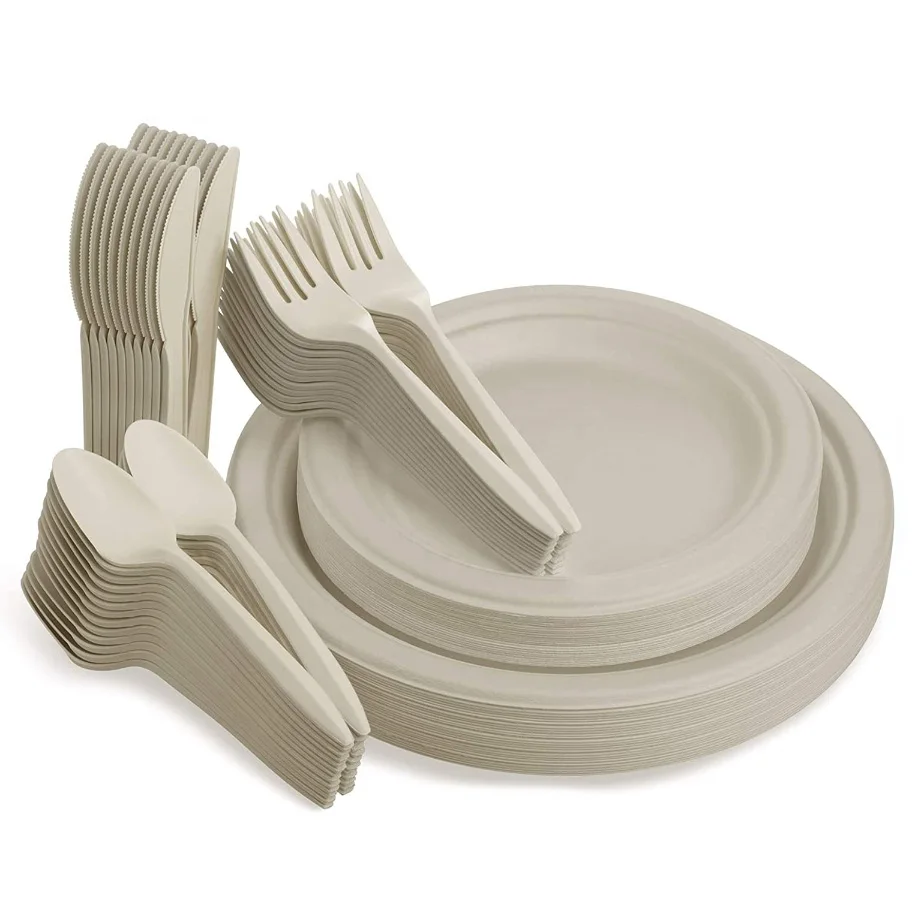 biodegradable reusable pla camping plastic compostable cutlery set with sugarcane bagasse paper plates