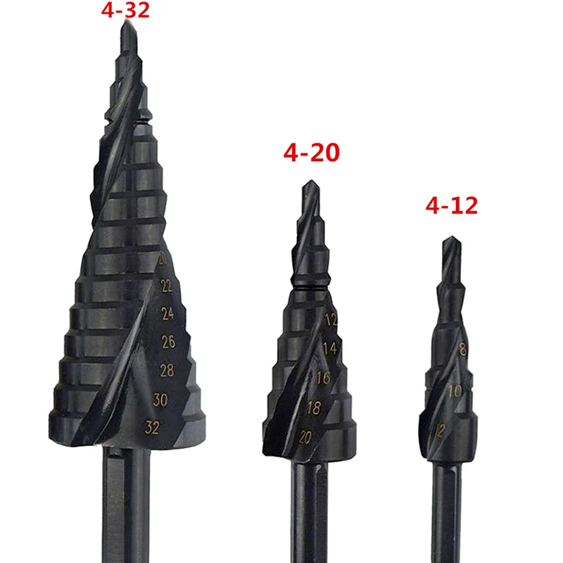 3Pcs Sets 3-12mm 4-20mm 4-32mm HSS Spiral Groove  Hex Shank black oxide  Step Drill Bit in Cloth Bag