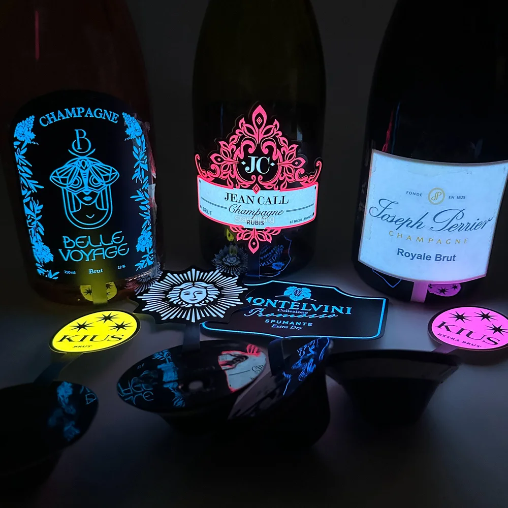 Factory supplier colorful customized adhesive LED bottle label waterproof champagne label wine EL bottle label