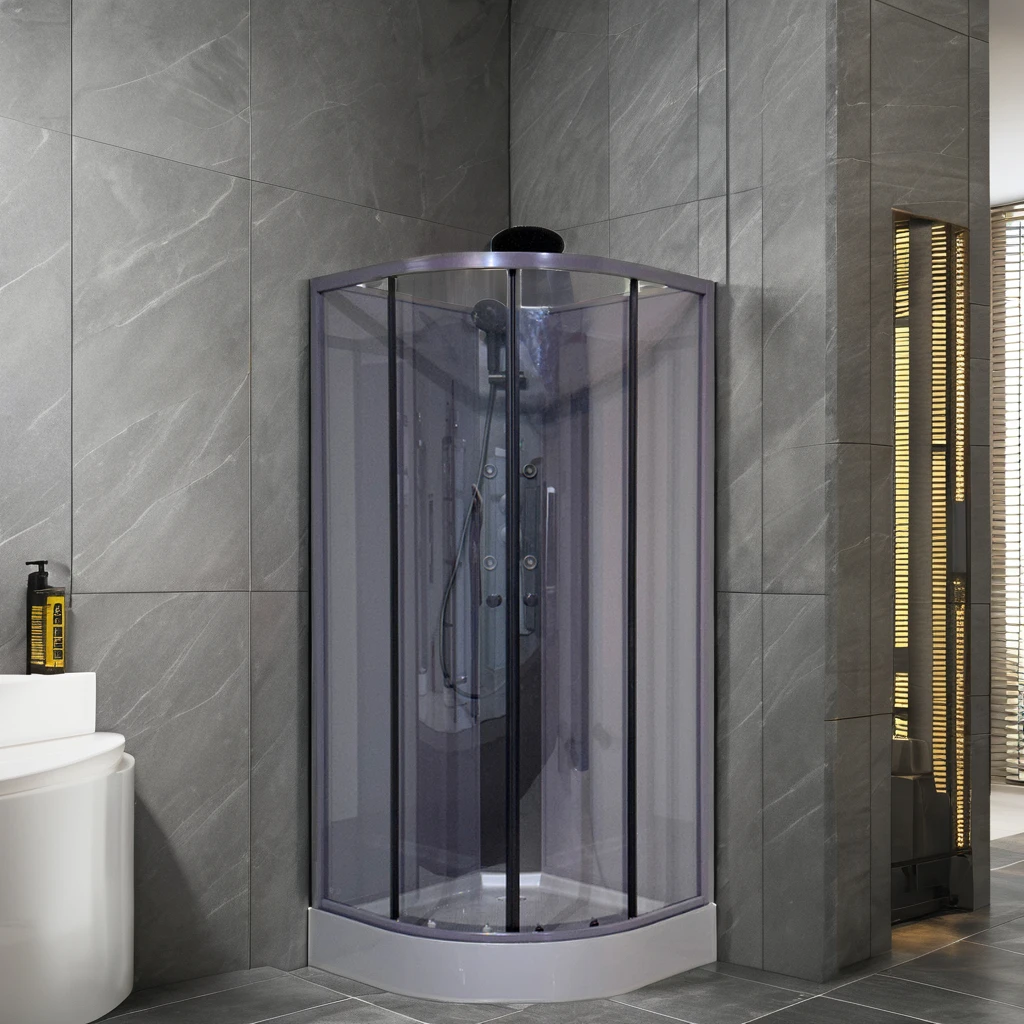 Sliding Open Style ABS Sector 5mm Tempered Glass Hand Shower Faucet Grey Glass Back Panel Black Aluminum Profile Shower Room