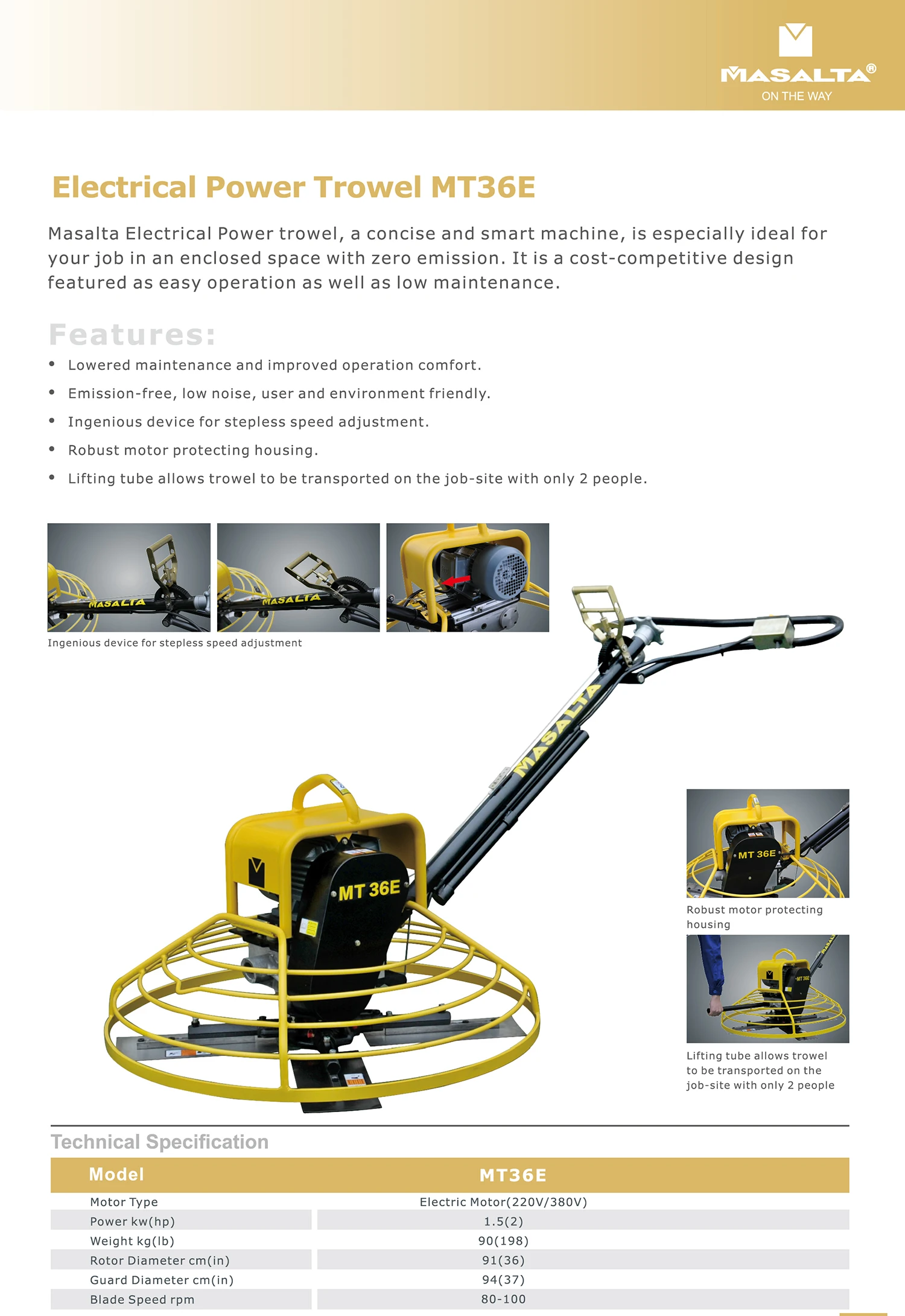 Masalta Electrical Power Trowel MT36E with Electric Motor 1.5kw 220v/380v Engine Provided 1 Year,1 Year Boxing Packing Petrol CE