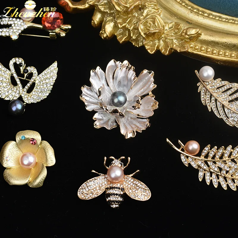 Fashion Vintage Jewelry Brooches Wholesale Women Brooches with Rhinestone Freshwater Pearl China Natural Alloy High Grade 2PCS