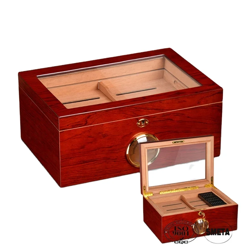 Custom made cheap price highlight cedar wood cigar case humidors for cigar temperature controlled cigar box with gauge