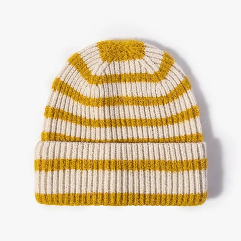 Ribbed Wool Beanie for Women Wholesale 2022 Thick Color Block Pattern Wool Winter Hat Black White Striped Toque