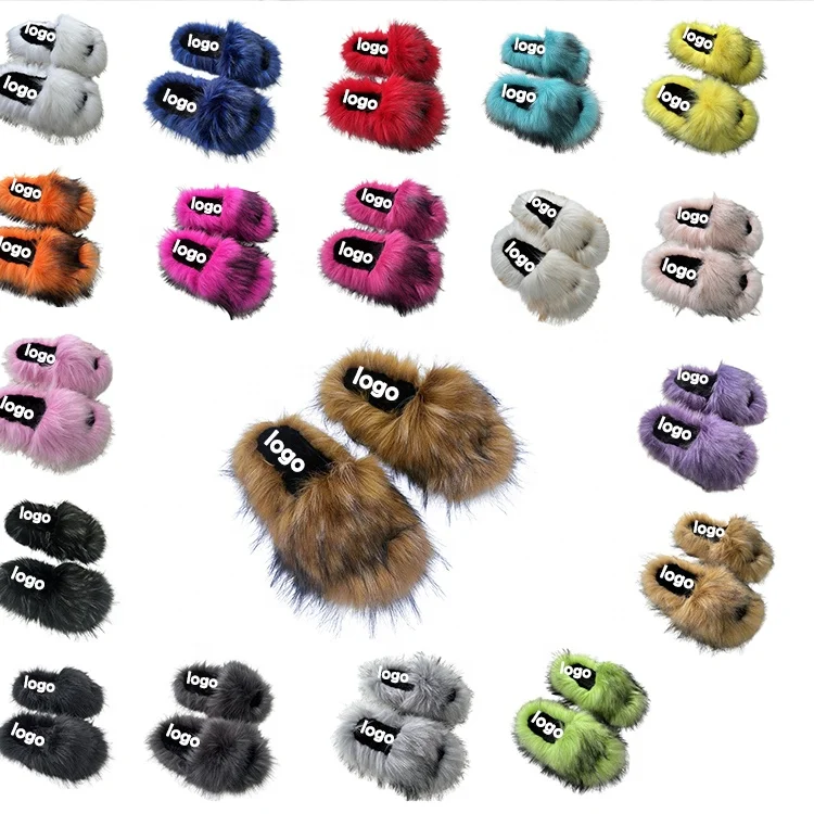 New Fur Plush Slippers Unisex Winter Outdoor Custom Warm Slippers Imitation Raccoon Fur Ladies Slippers