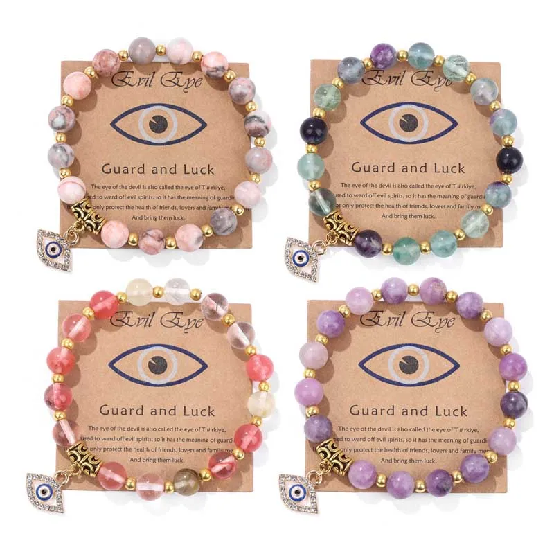 8mm Semi-Precious Gemstone Bracelet with Evil Eye Charm Healing Crystal Stone Stretch Bracelets for Men Women