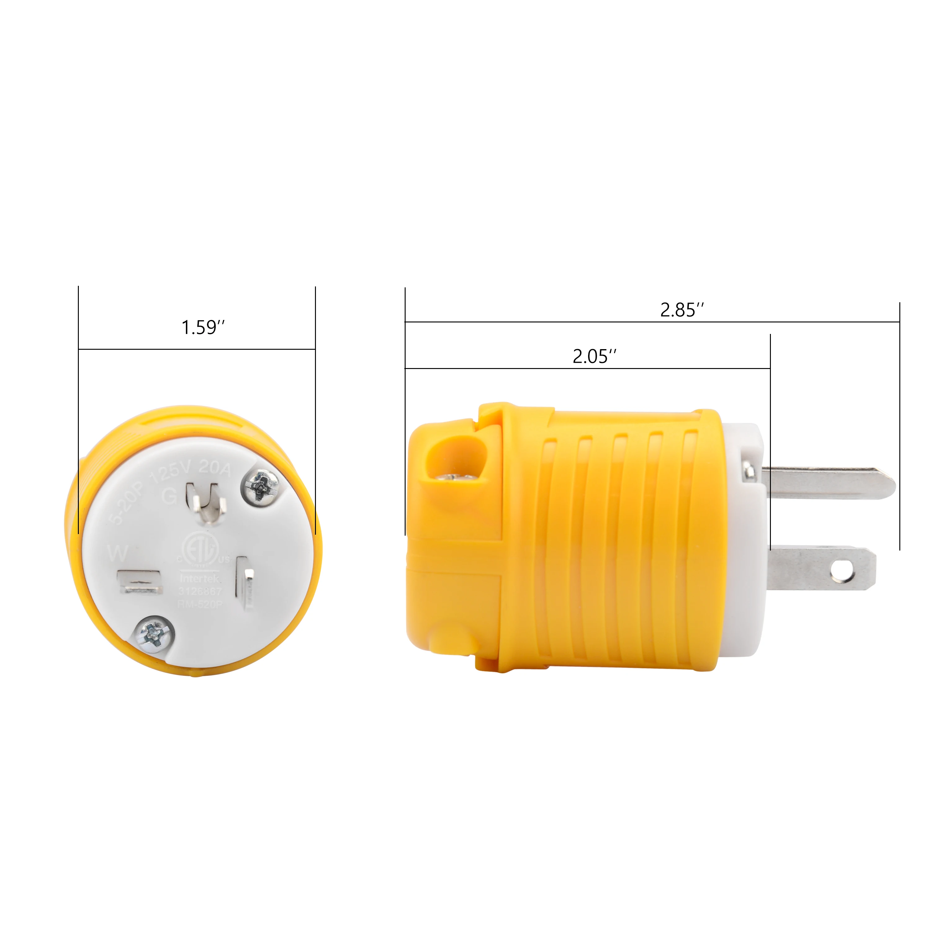 Electrical Replacement Plug, Extension Cord Ends Male Plug, NEMA 5-20P, 20 Amp 125 Volt, 2 Pole 3 Wire Grounding, ETL Listed