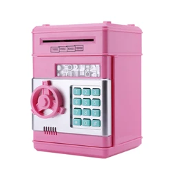 High quality plastic pink money box with password save paper money and coin mini electric ATM piggy bank for kids