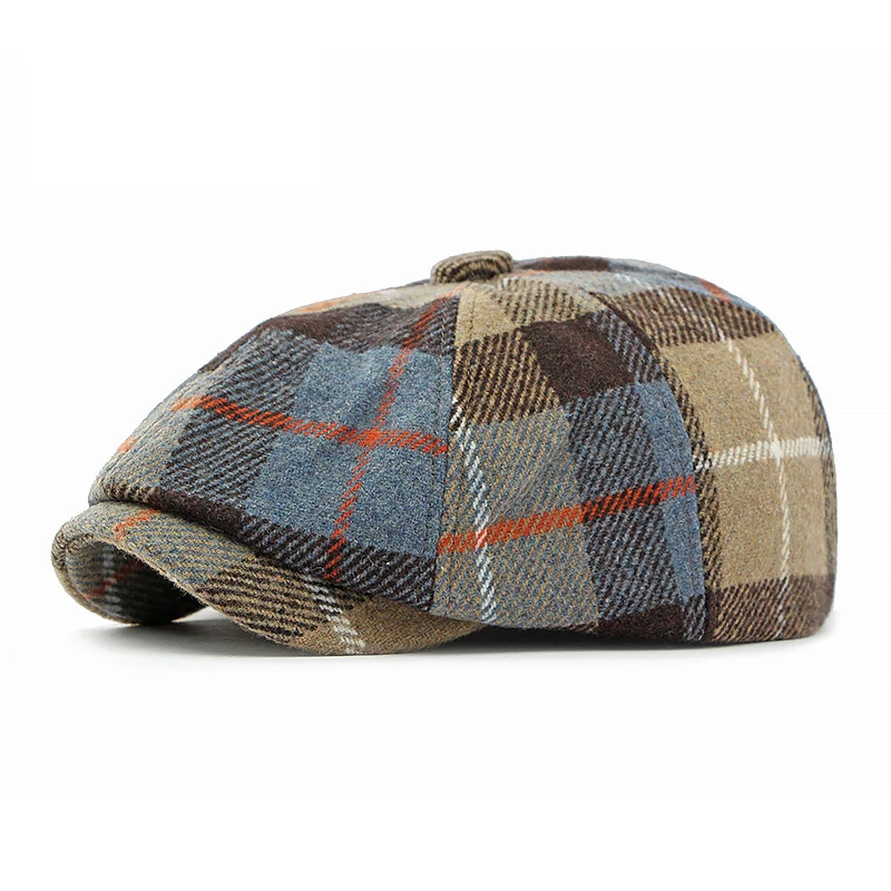 Hot Sale Men Women Kids Winter Warm Octagonal Cap Outside Windproof Woolen Flat Vintage Plaid  Driving Thick  Beret Painting Hat