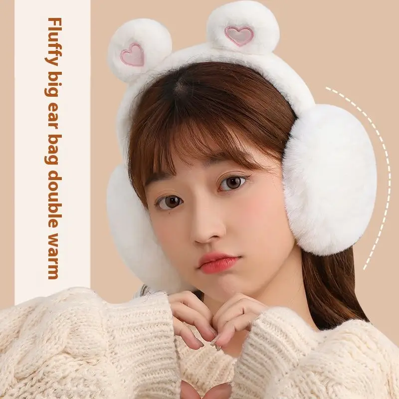 Girls Kids Outdoor Wool Ear Muffs Warmer with Rabbit Ear Cute Cartoon Faux Fur Fluffy Windproof Warm Winter Earmuffs