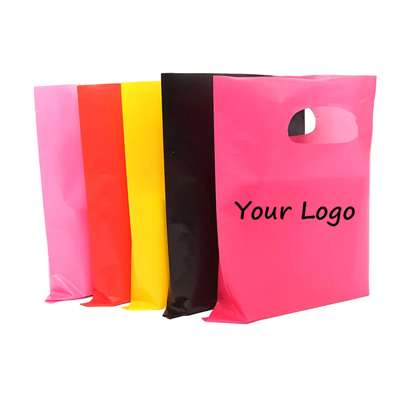 Custom print eco polythene PE die cut carry patch poly apparel shopping plastic bags with logos