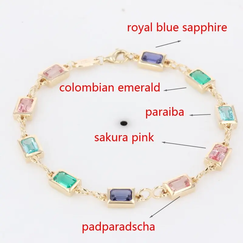 2024 hot sale multiple color gemstone bracelet 10k yellow gold 4*6mm emerald cut charms couple bracelet