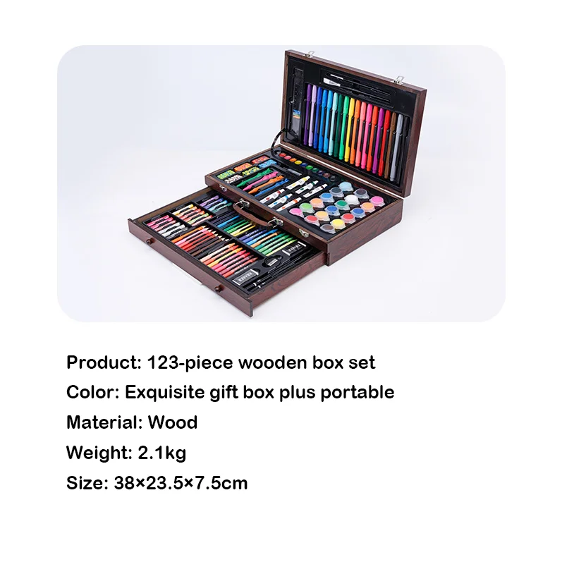 123pcs Watercolor Wooden Box with Oil Pastels Crayons Colored Pencils  Non-Toxic Markers Pen Colour Pencil Children Drawing Set