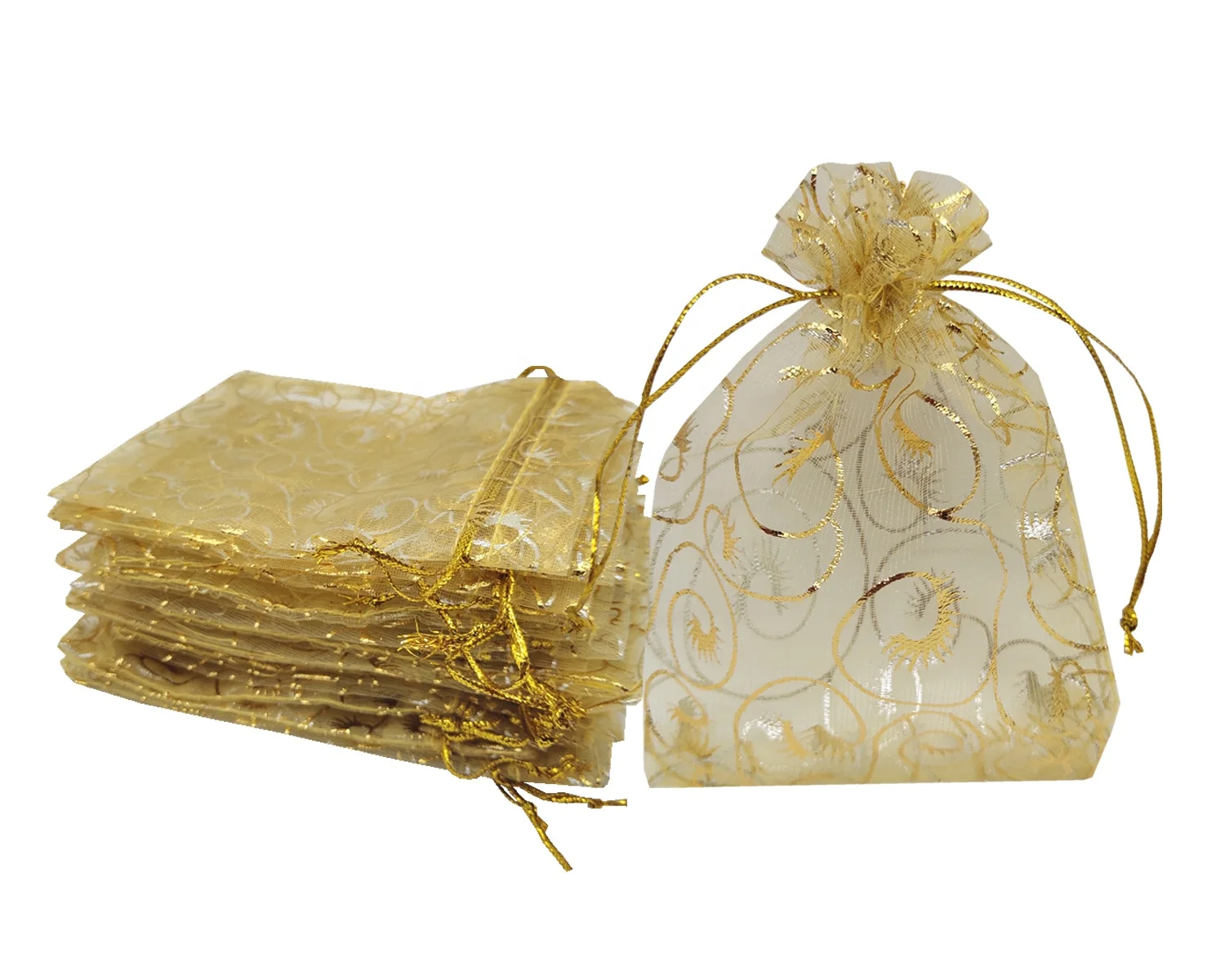 Gold Sheer Organza Candy Bag Jewelry Gift Bags 9x12cm 10x15cm 13x18 Eyelash Organza Drawstring Pouches Business Samples Display