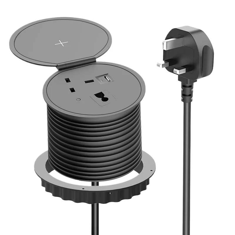 Spongde Wireless Charger Flip British Standard Power Socket Office Furniture Round Concealed USB Round Flip Wireless