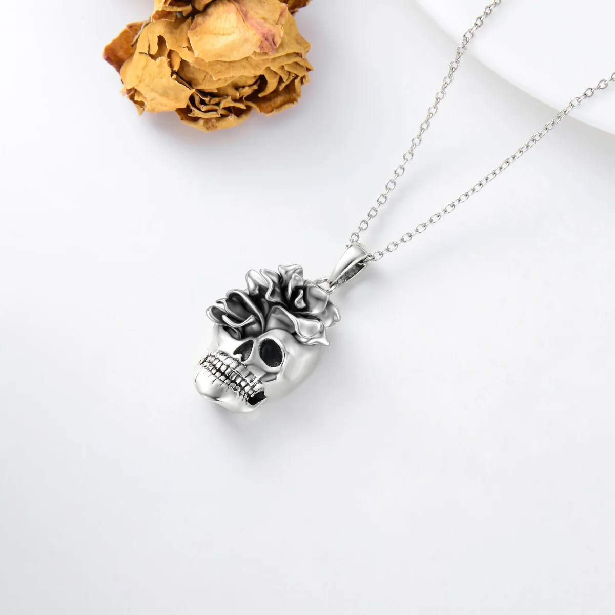 Hot Sale Gothic Jewelry For Men Women 925 Sterling Silver Oxidized Rose & Skull Pendant Necklace