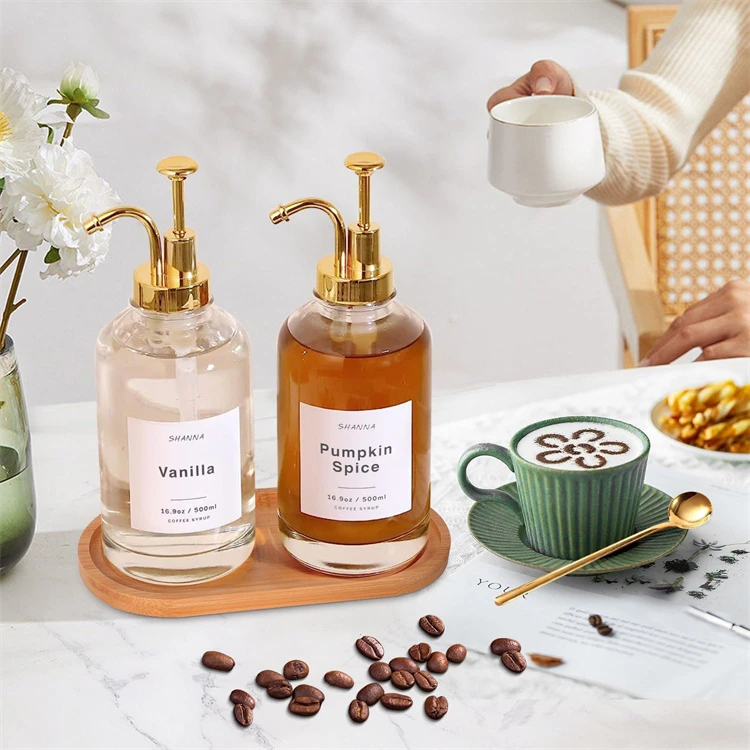 Hot 16oz 500ml Coffee Honey Dispenser Gold Pump Coffee Syrup Dispenser Glass Bottle for Coffee Bar