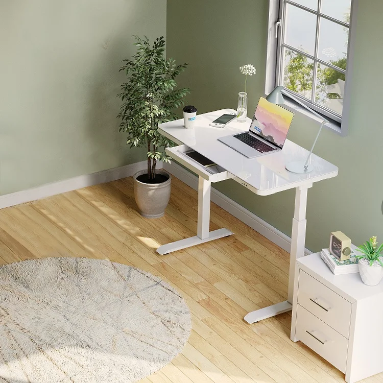Escritorios Home Office Electric Sit Stand Computer Lifting Table Glass Top Height Adjustable Standing Desk with T Touch Drawer