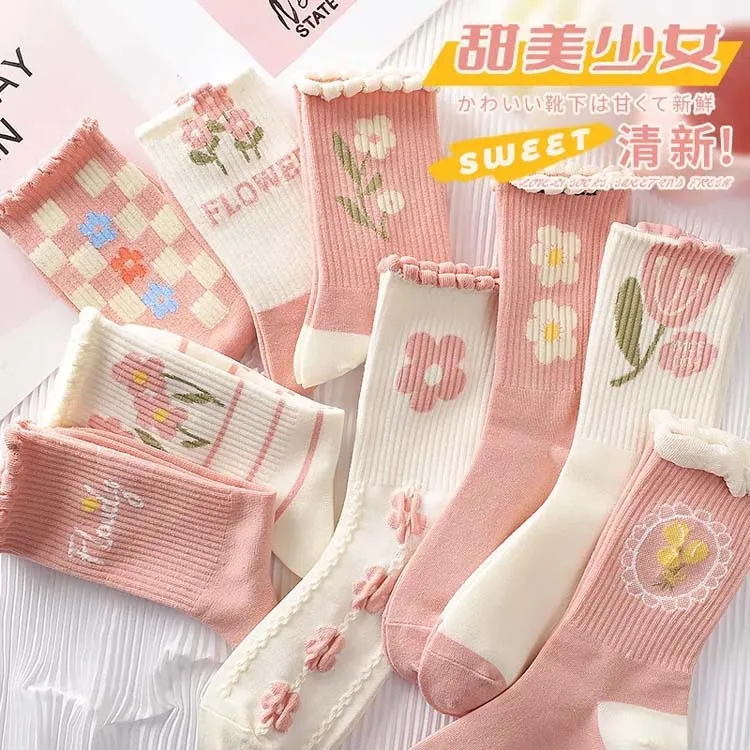 HY-1814 Wholesale Women Floral Cotton Jacquard Pink Socks Ladies Flower Crew Socks Girl