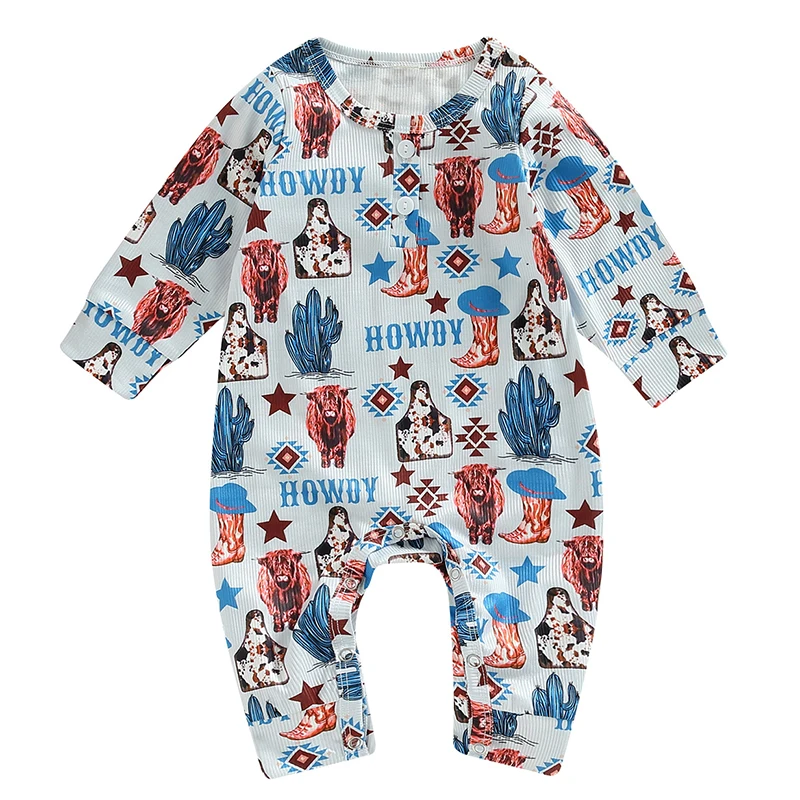 OEM Low Moq Winter Cowtag Highland Cow Print Long Sleeve Pants Jumpsuit Baby Boy Girl  Ribbed Soft Fabric Henley Romper