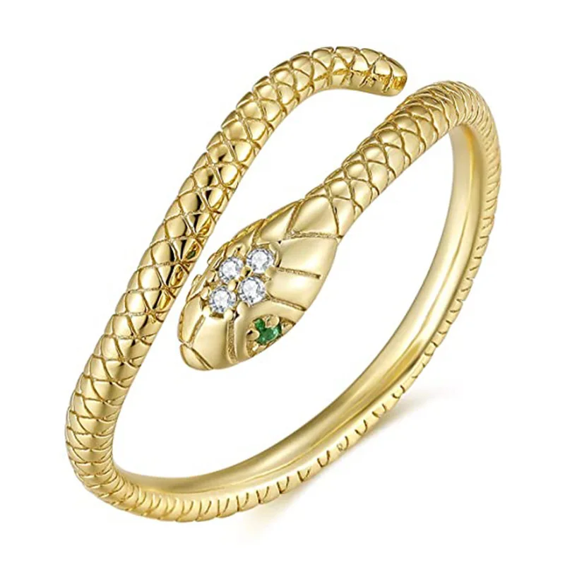 Vintage snake shaped open emerald eye gold silver zircon cuff adjustable ring