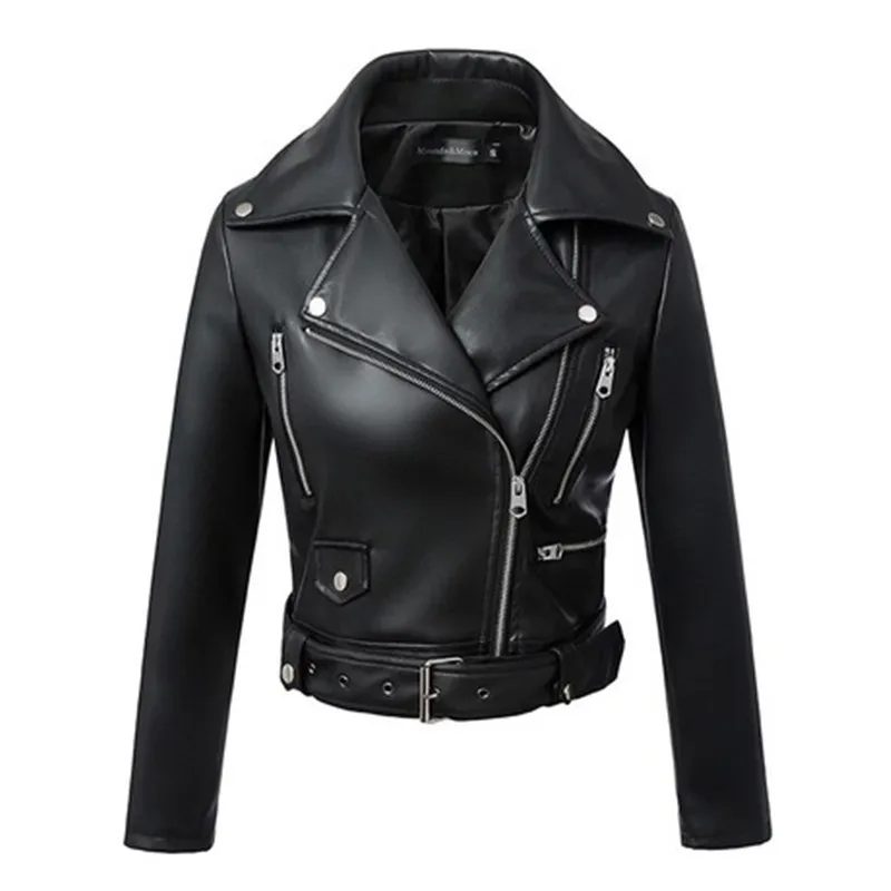 2024 Daily Artificial Leather Jacket Leisure Solid Short Belt Zipper Pocket PU Leather Jacket For Women