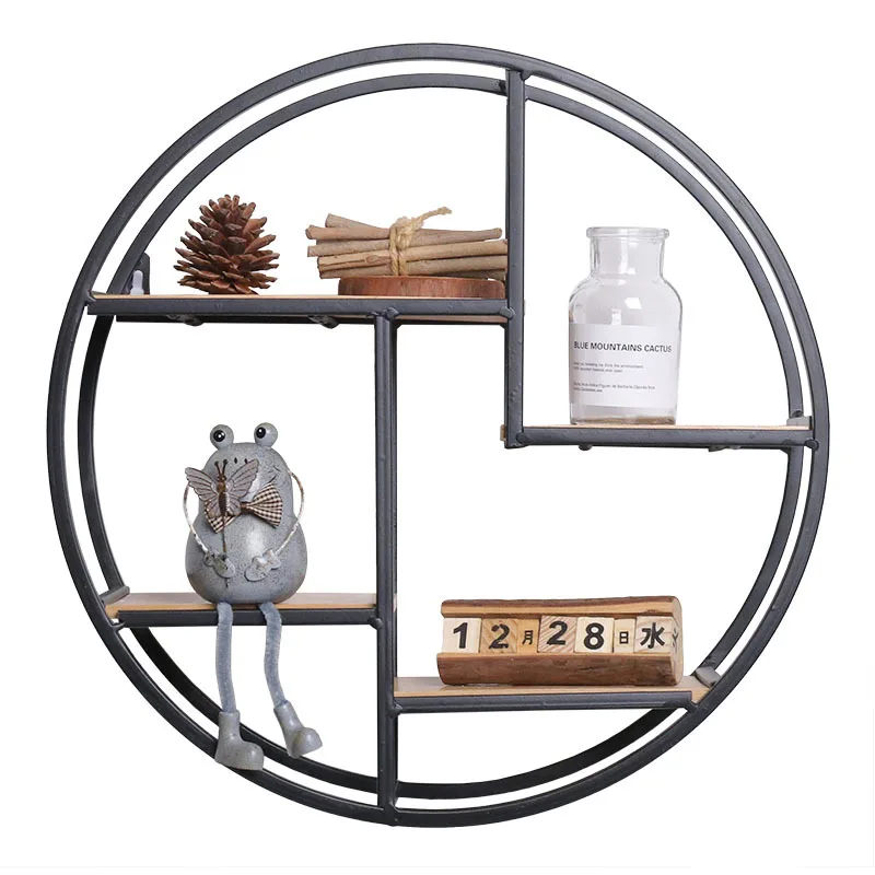 Home Decoration Storage Rack Modern Hanging Metal and Wood Round Design Nordic Wall Shelf