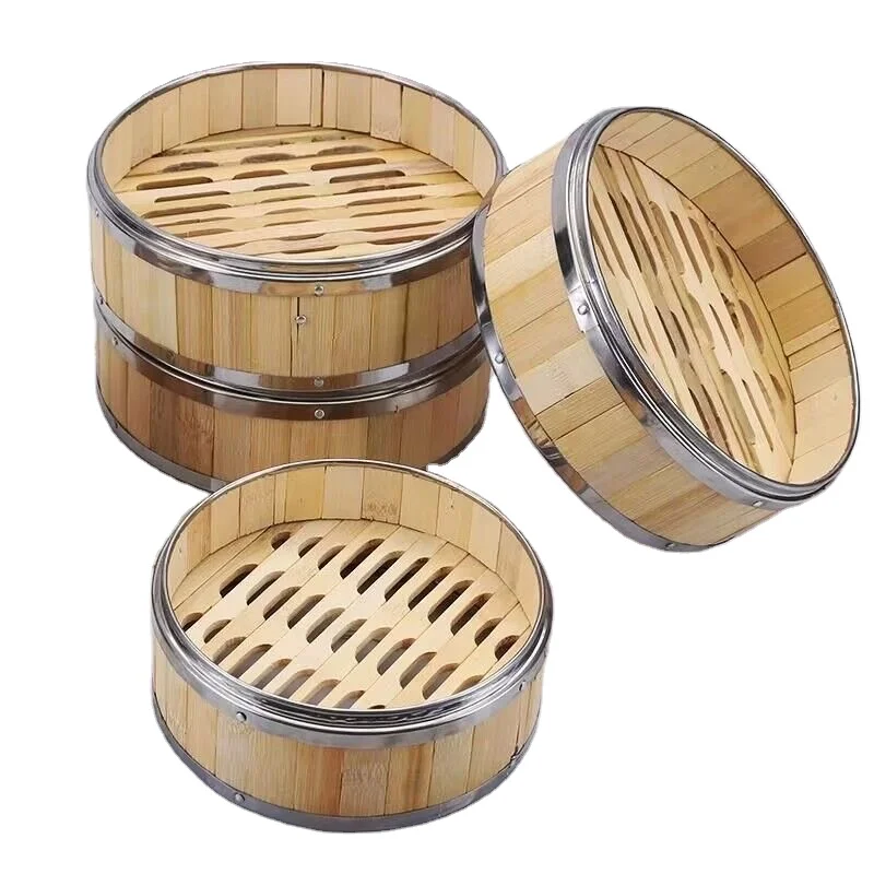 2024 New Bamboo Steamer Basket with Stainless Steel Ring Hot Selling Dumpling Steamer for Steaming Delicious Foods