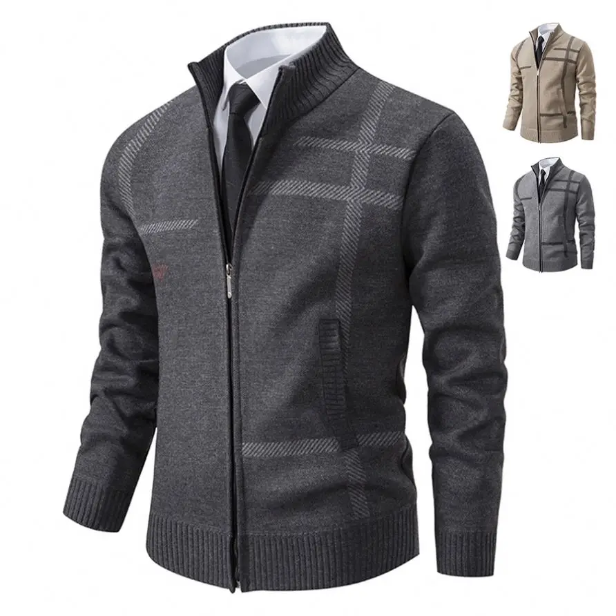 High Quality Jacquard Long Sleeve Wool Running Jacket For Men Custom Embroidery Zipper Up Winter Stand Collar Business Cardigan