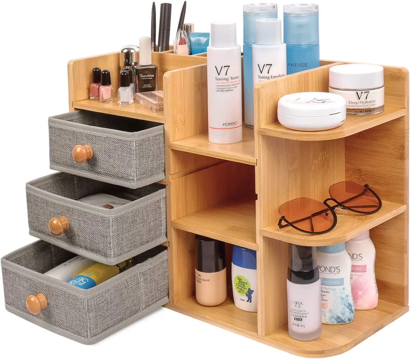 Bamboo-Makeup-Cosmetic-Storage-Organizer, Multi-Function wood Cosmetic Large Capacity