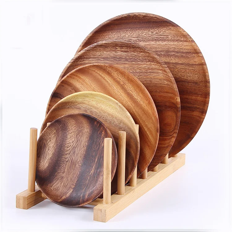 Hot Sales 10 inch Natural Wooden Steak Serving Plate Customized LOGO Wholesale Souvenir Round Acacia Wood Dinner Plate