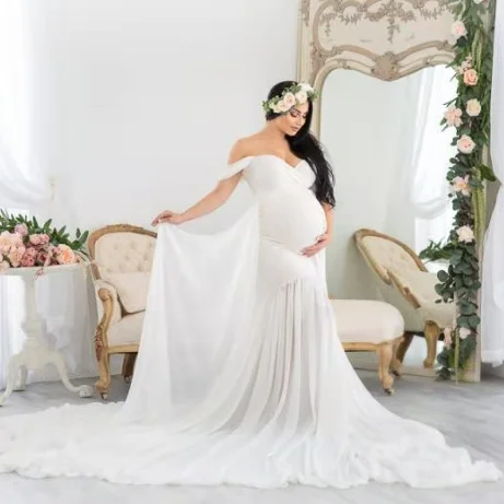 Maternity Sexy Shoulderless Long Dress Pregnant Women Summer Elegant Pregnancy Photo Shoot Photography Props Baby Shower Clothes