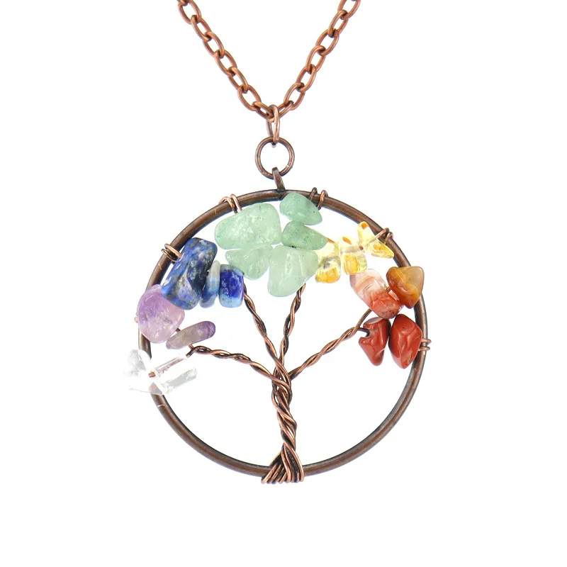 Factory Direct Copper Wire Winding Round life tree Natural Gemstone gravel Pendant Necklace