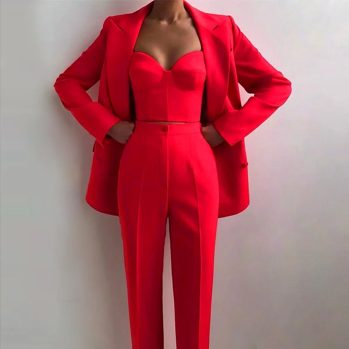 New arrivals high quality red Elegant Women Pants Suit  Long Sleeve Blazer Matching Office Lady 2 Piece Set S-XL