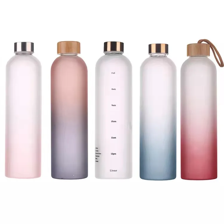 Water Bottle With Time Marker 32oz 1 Liter, BPA Free Glass, Reusable Water Bottle,Leakproof, Durable