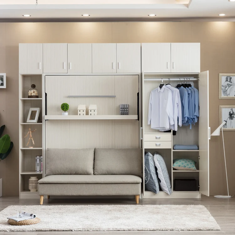 Multifunction foldable wooden saving space  spring mechanism smart bedroom furniture wall bed murphy beds